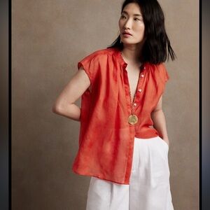 Banana Republic Red Boxy Button Down Shirt with Cap Sleeves